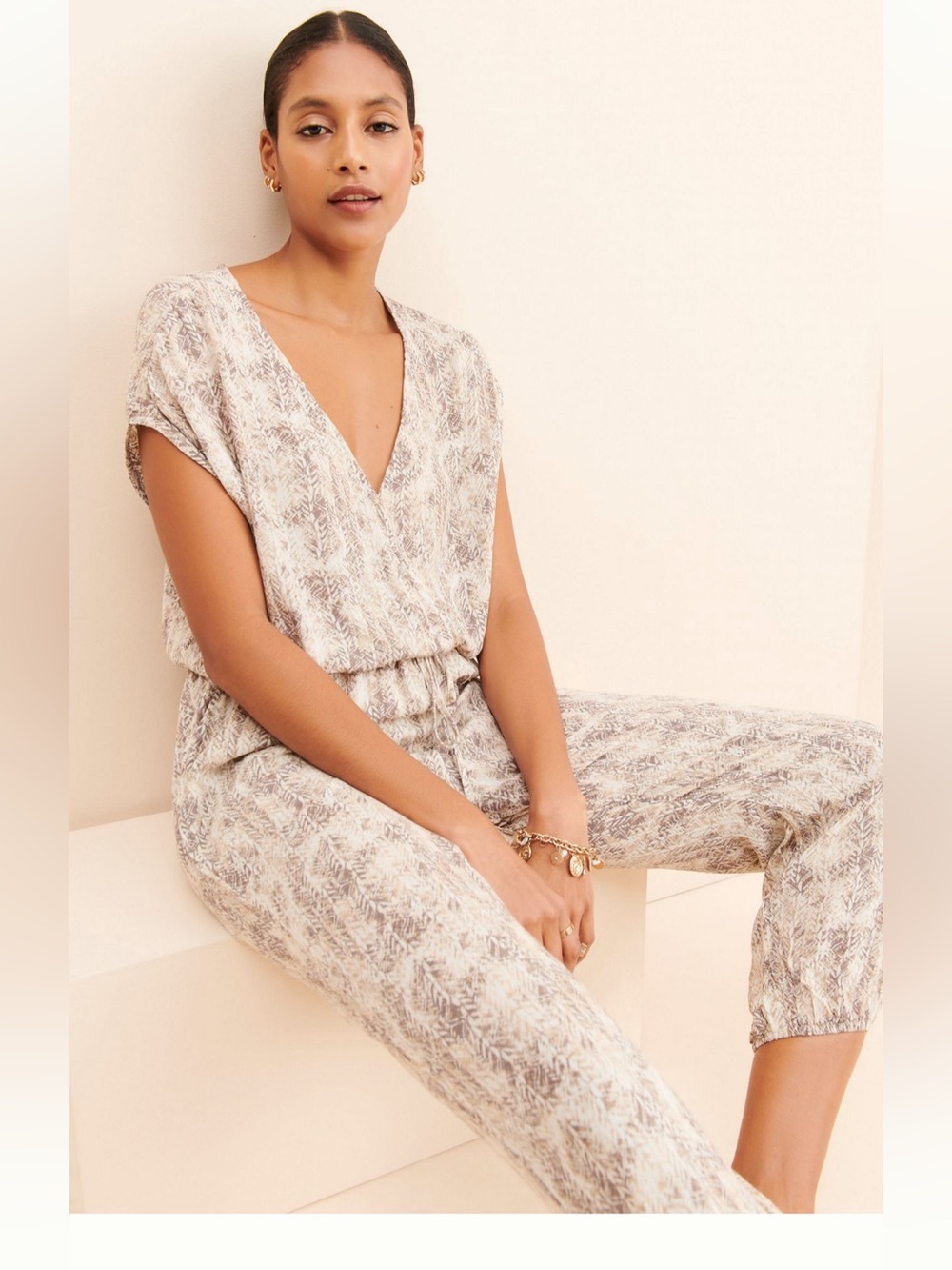 Vici Short Sleeve Neutral Patterned Jumpsuit - Beige & Black